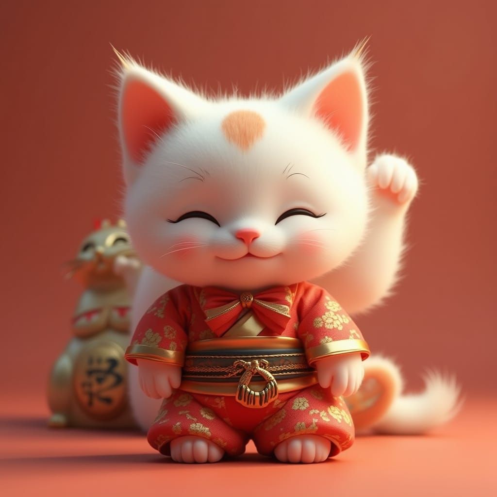 Kitten in Japanese Outfit Anime Style