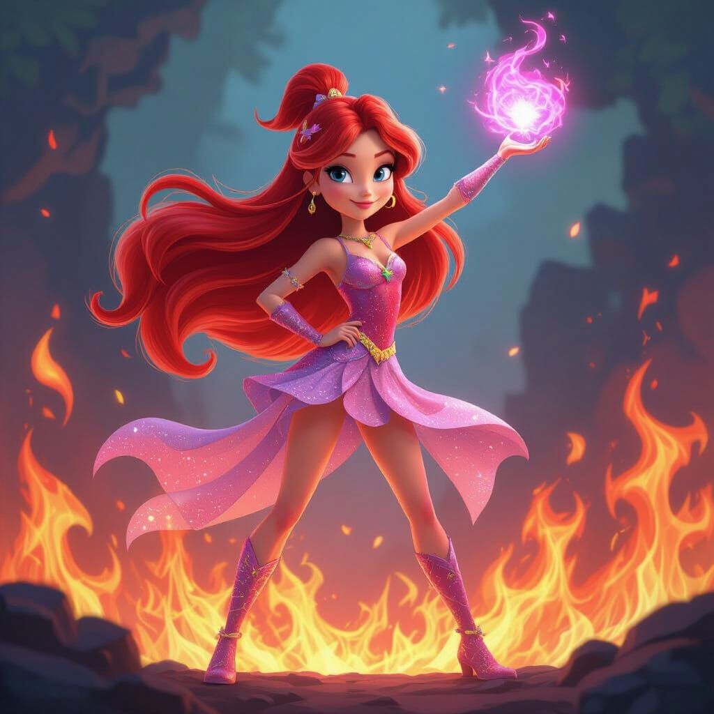 Bloom from Winxclub Poses Amidst Magical Flames