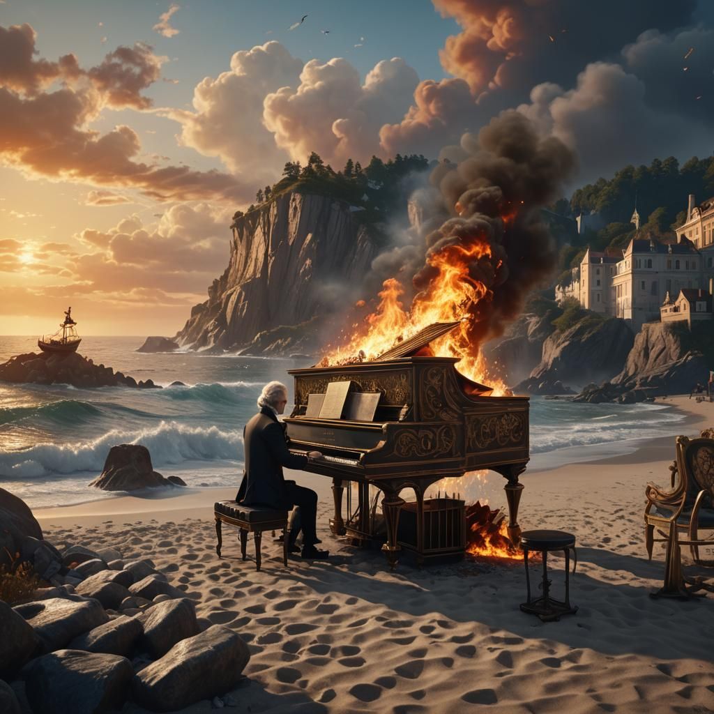Mozart Plays Fiery Piano by the Sea