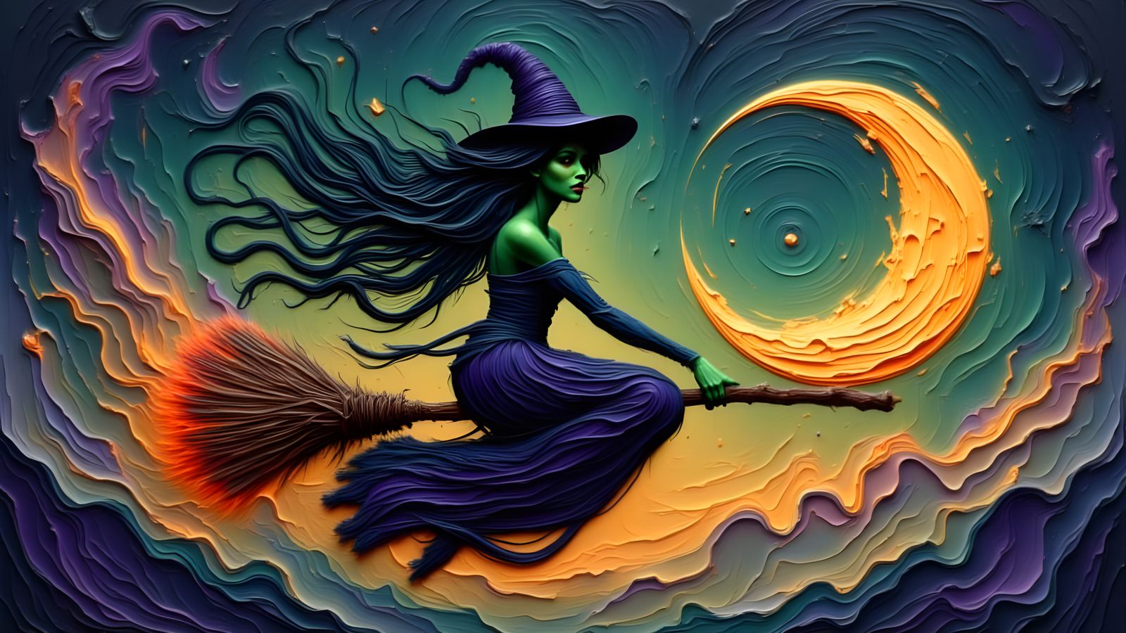 Mystical Moon Witch on Celestial Broomstick
