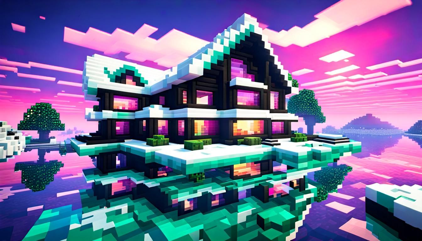 Vaporwave Minecraft House with Lake and Ocean