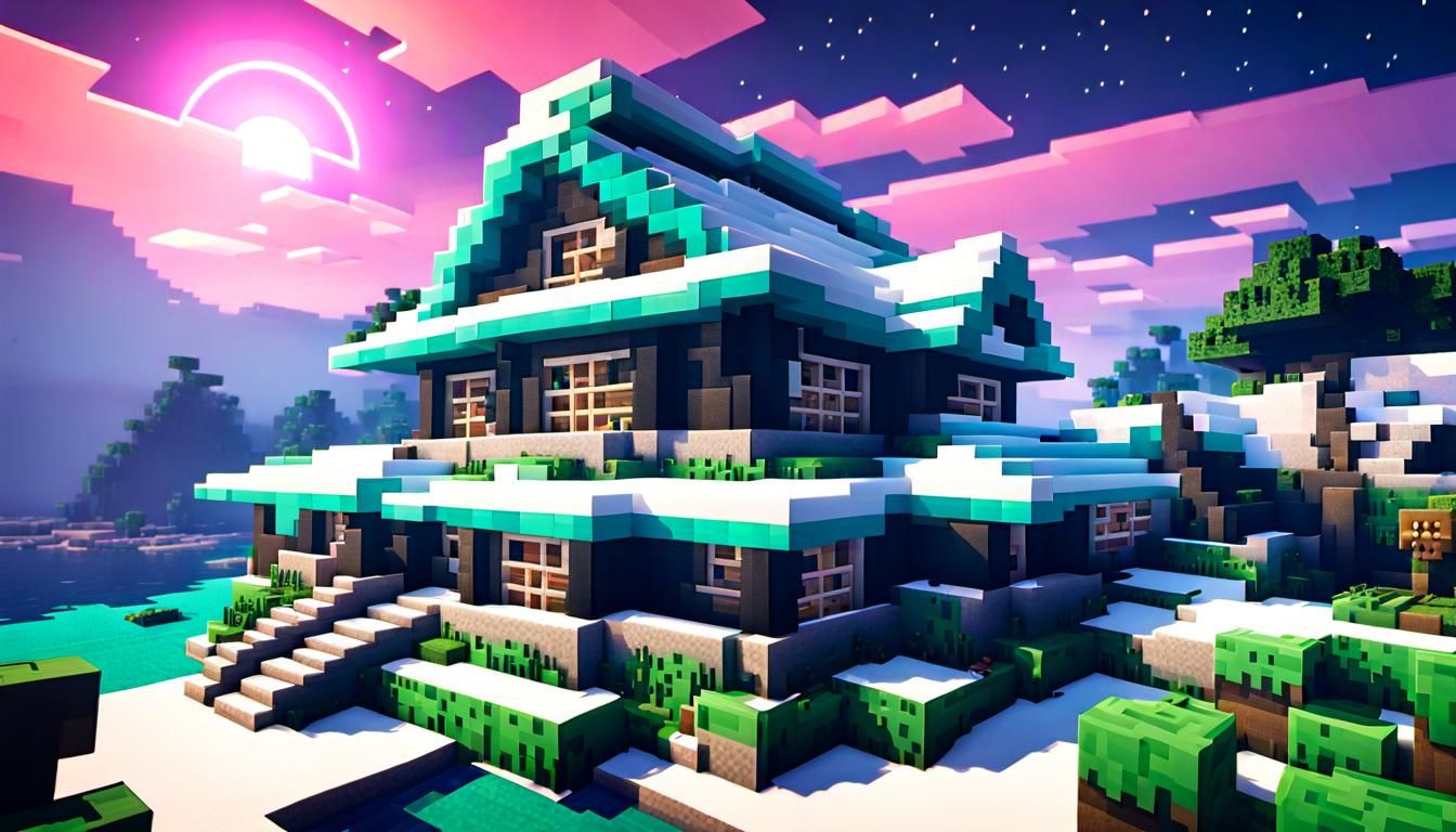 Vaporwave Minecraft House with Snowy Landscape