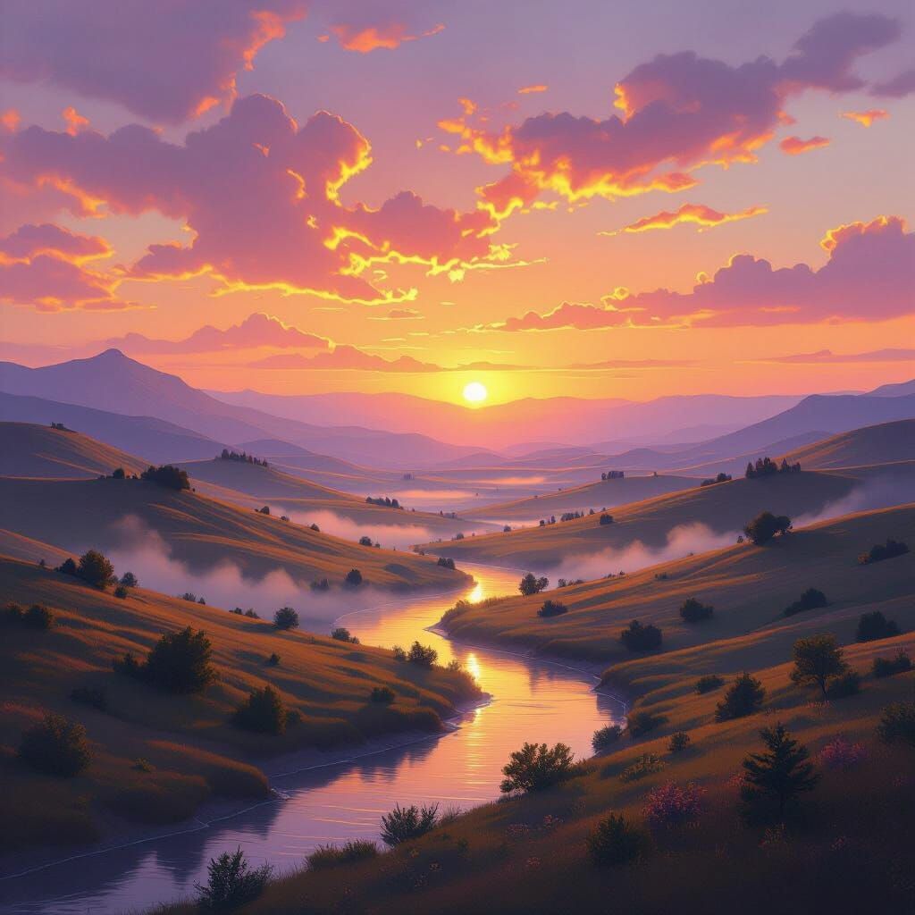 Ethereal Sunset Landscape with Rolling Hills