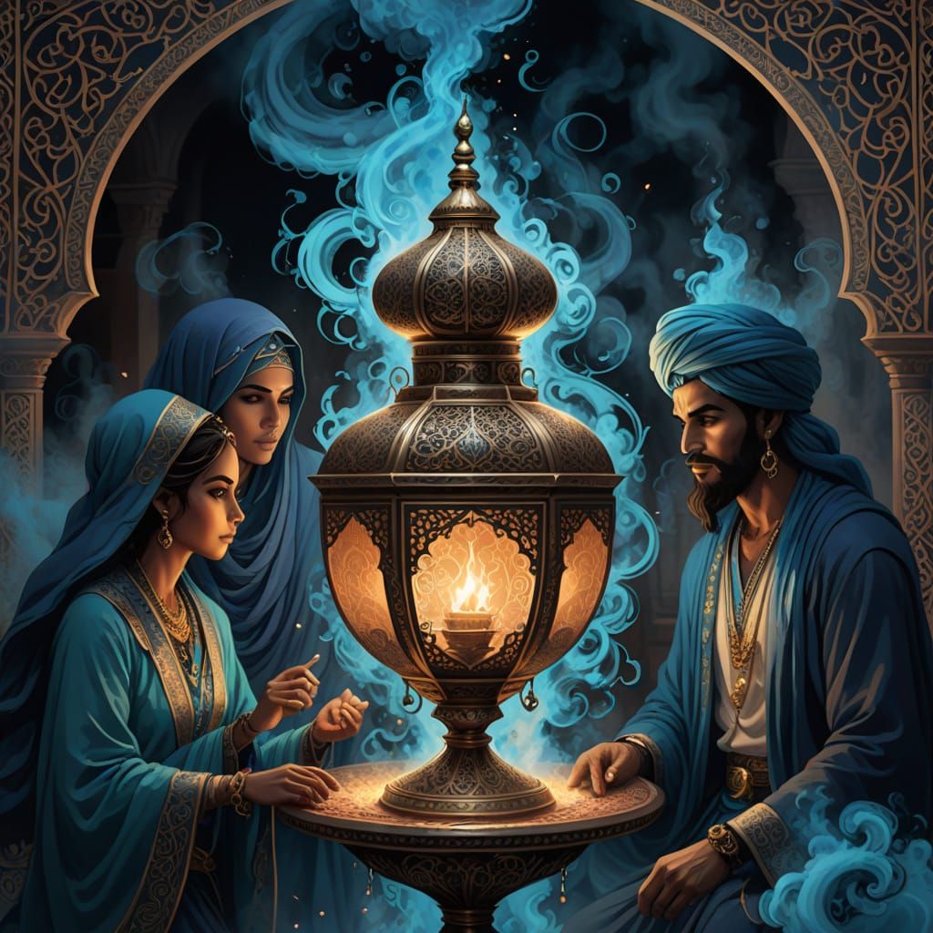 Mystical Djinn Family Gathered Around Luxurious Lamp