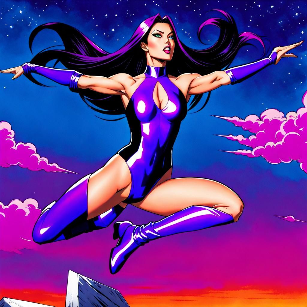 Psylocke, halter top leotard, flying in sky