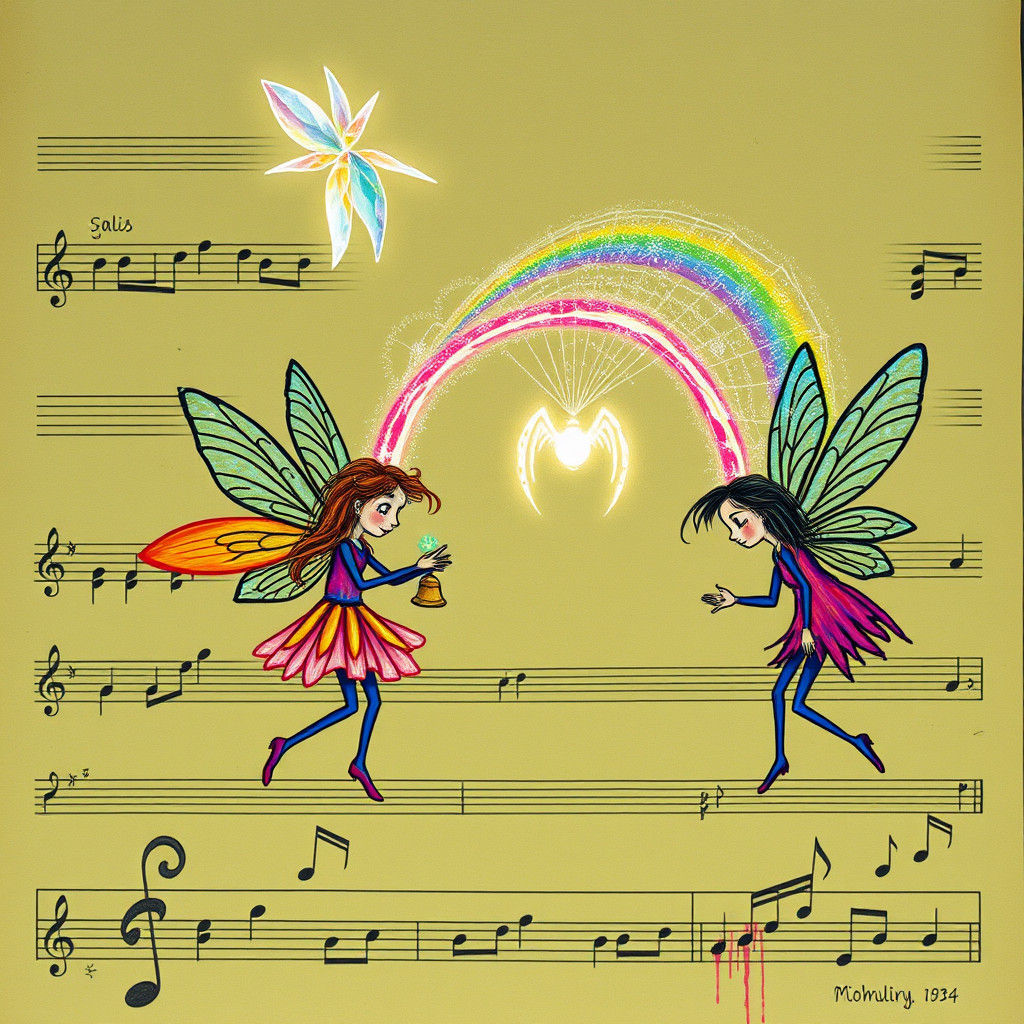 Childlike Fairies Drawn on Sheet Music in Surreal Style