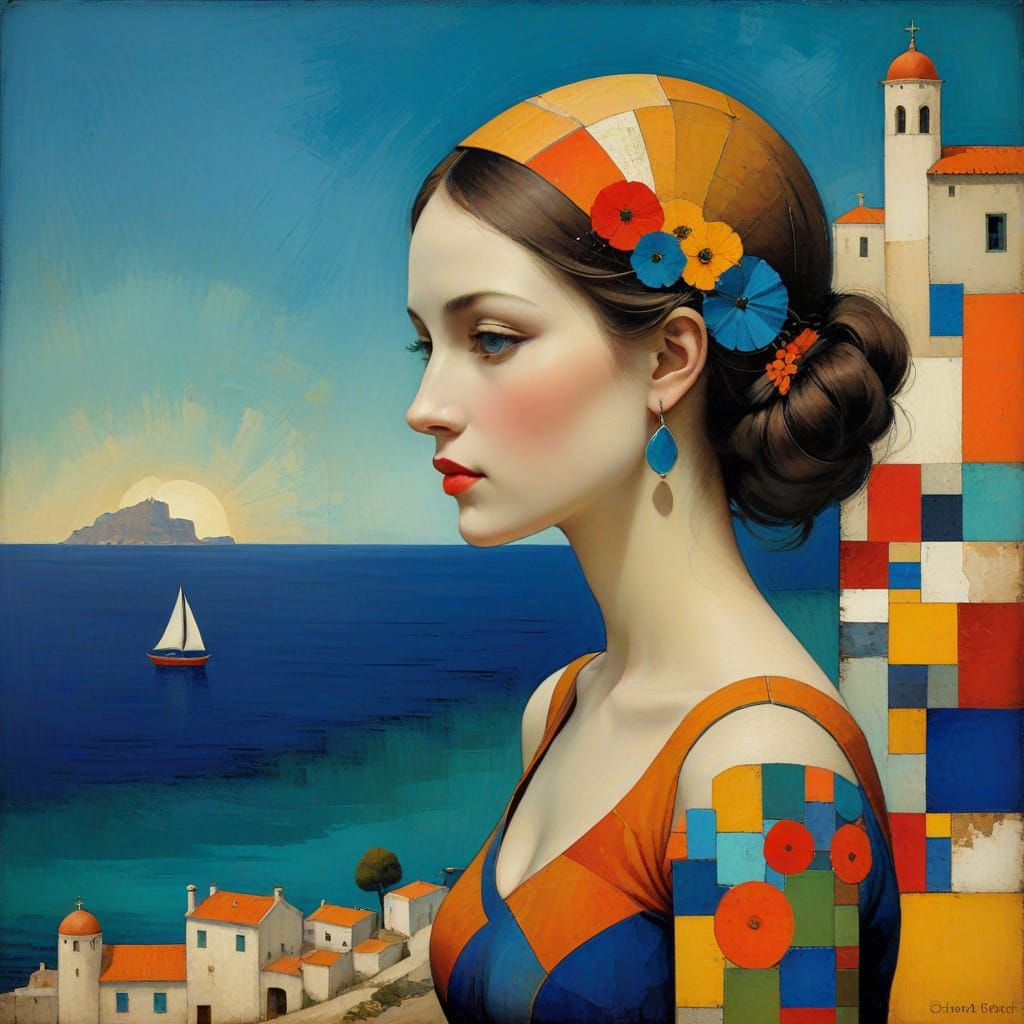 Vibrant Mediterranean Coast in Abstract Surrealist Style