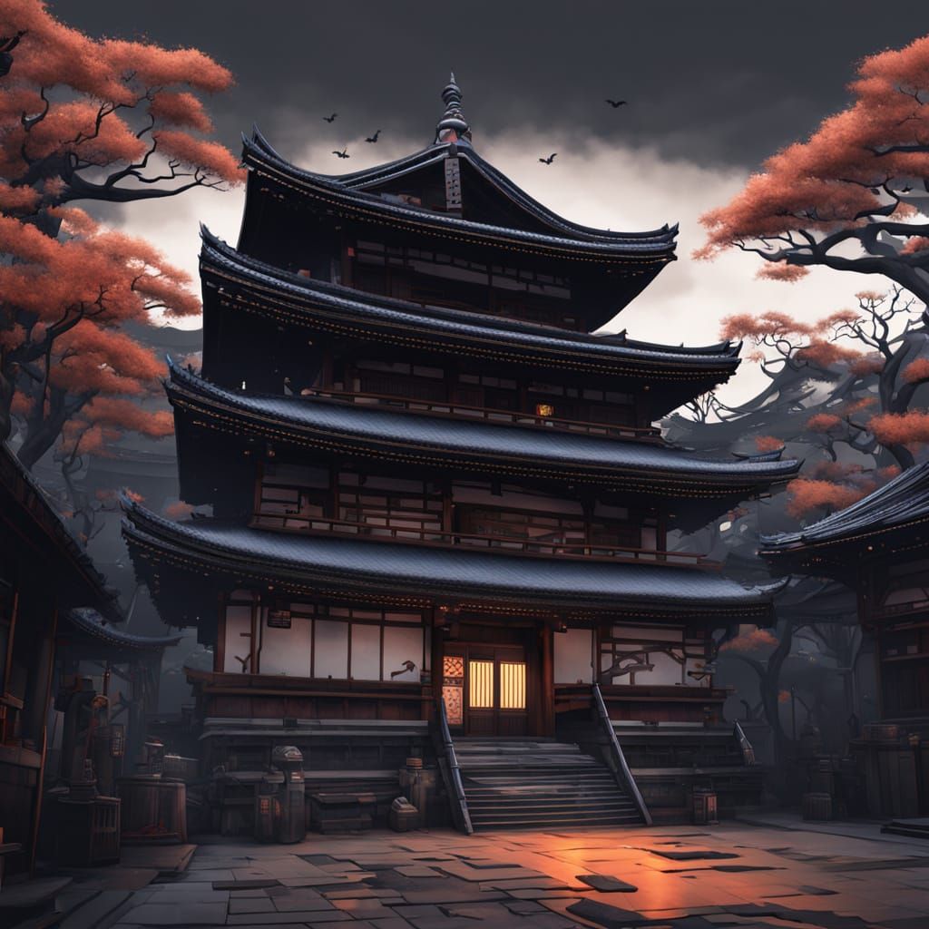 Mysterious Samurai in Gloomy Japanese Temple
