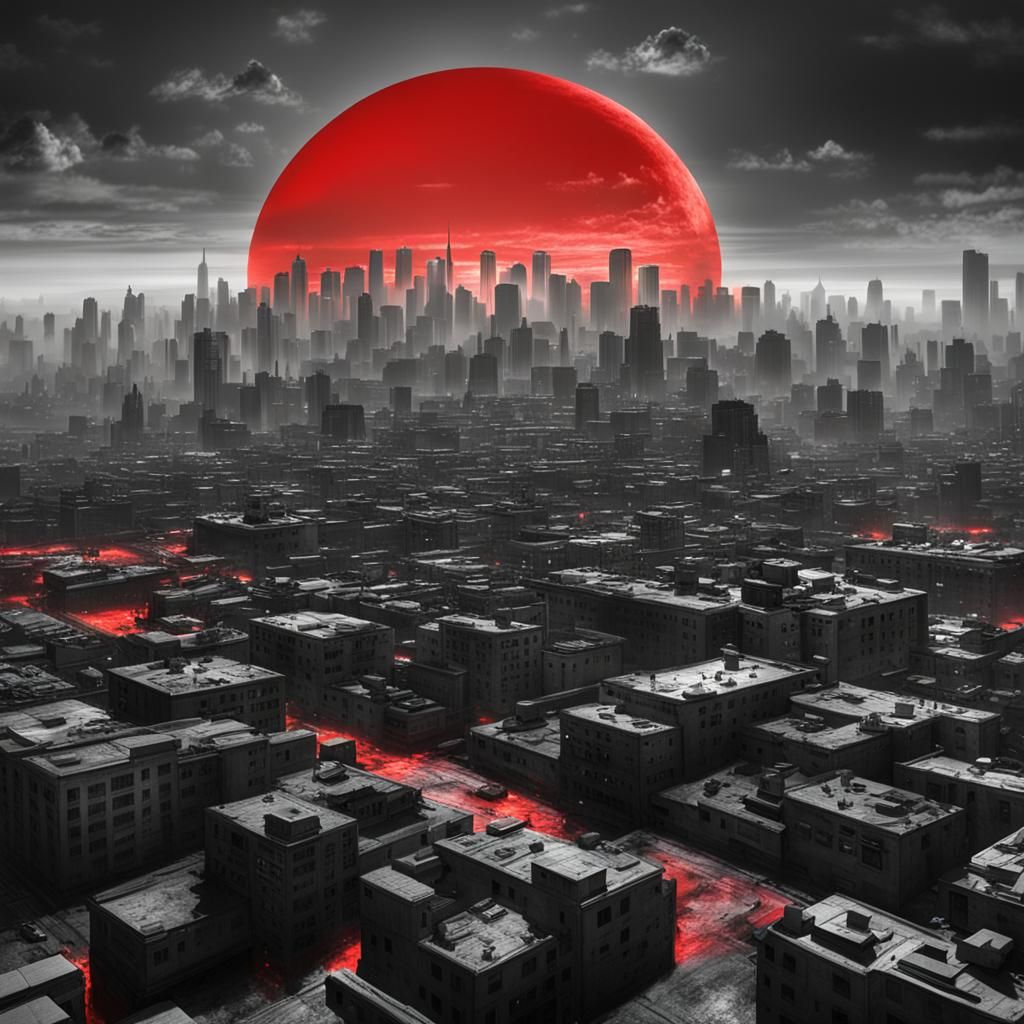 Red Sun Over Grayscale Cityscape: Matte Painting