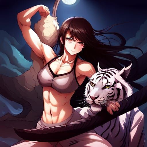 Muscular Anime Girl with White Tiger and Dragon Rider