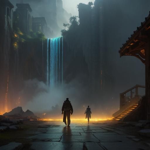 Holy Man, Children, Dragon, and Waterfall: Vivid Digital Art