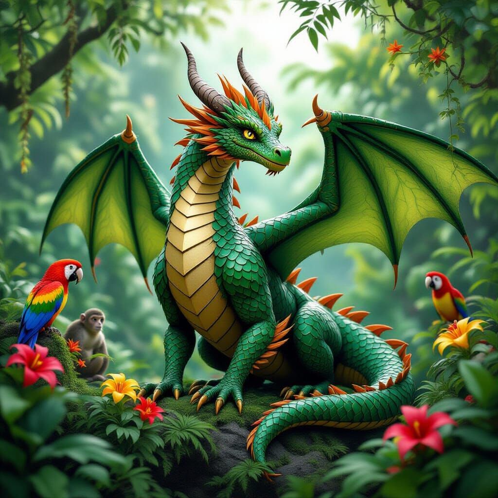 Green Dragon in Lush Jungle, 3D Anime Style