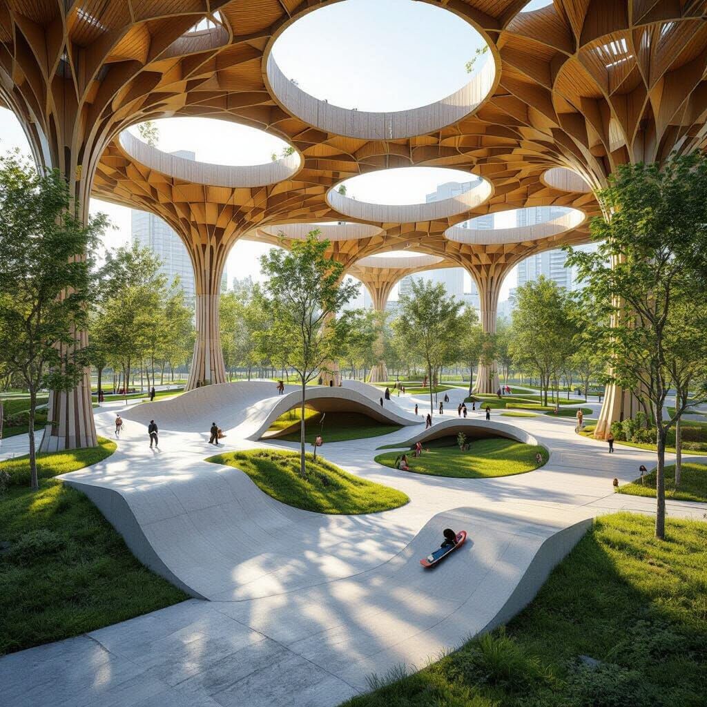 Futuristic Urban Park with Elevated Skate Track