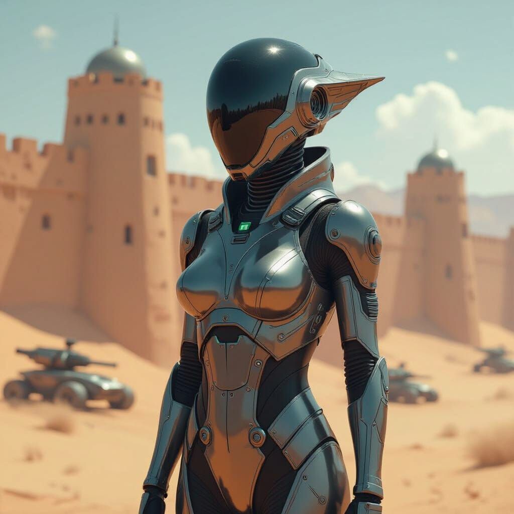 Futuristic Desert Citizen in Sci-Fi Cityscape