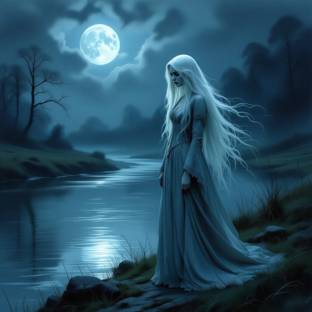 Ethereal Banshee by Moonlit River in Dark Fantasy Style