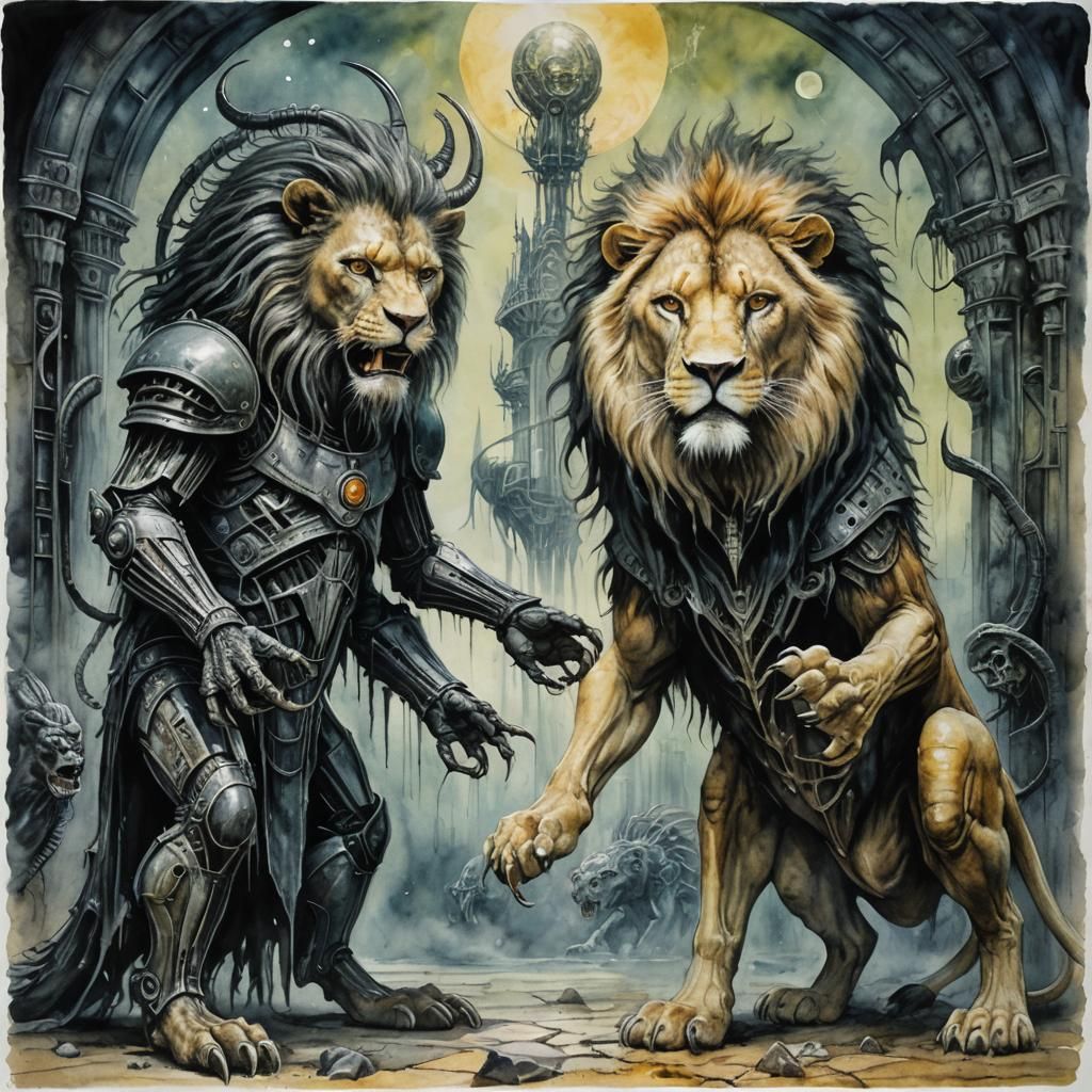 Surreal Creature Tames Lion in H.R. Giger-Inspired Watercolo...