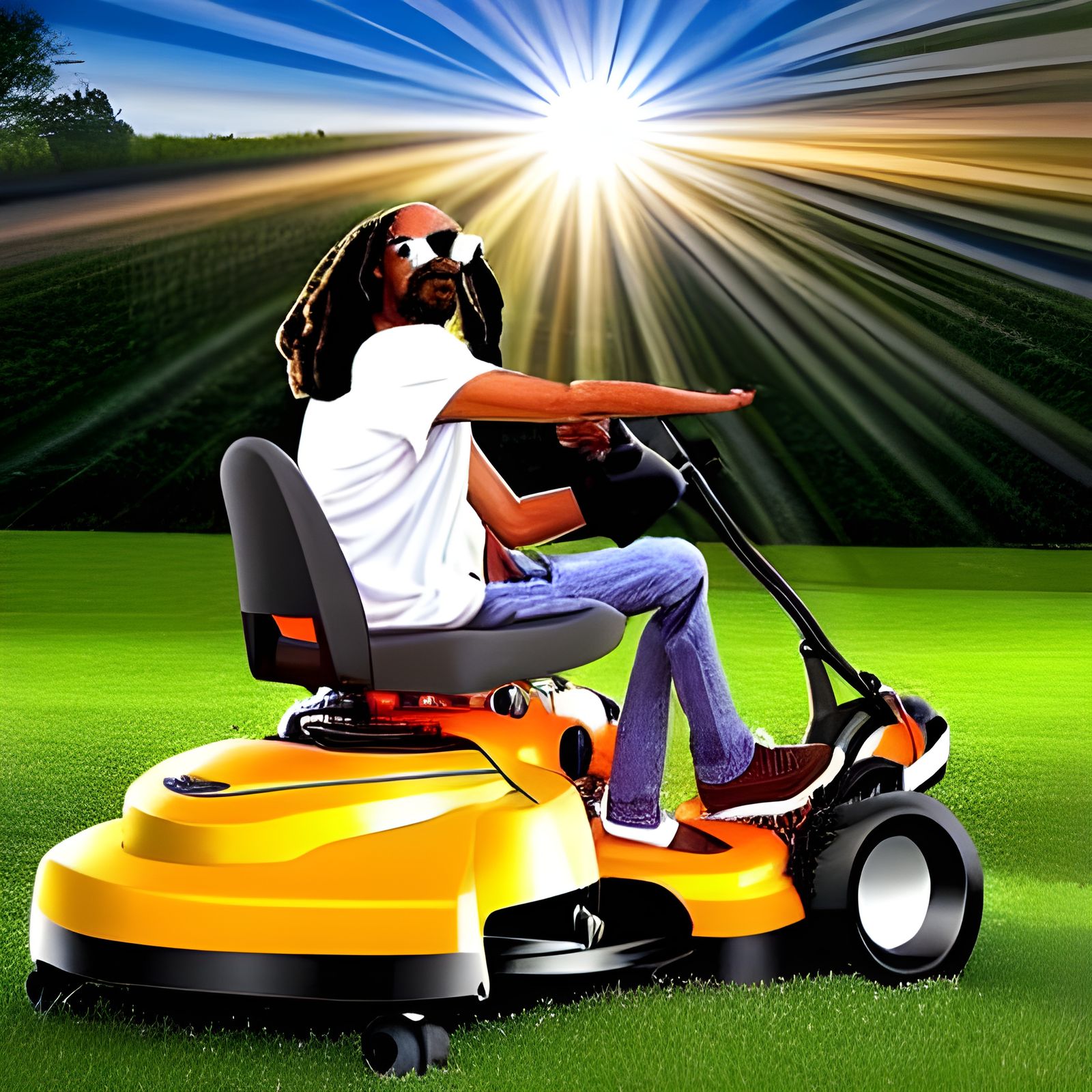 Cartoon Dog Rides Lawnmower in Divine Sunshine