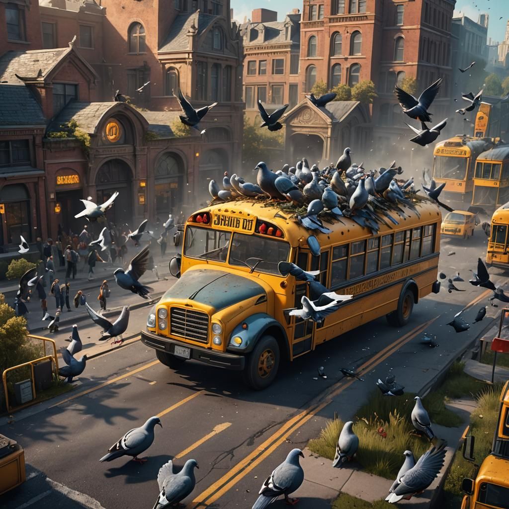 Pigeon Rides School Bus: Detailed Matte Painting