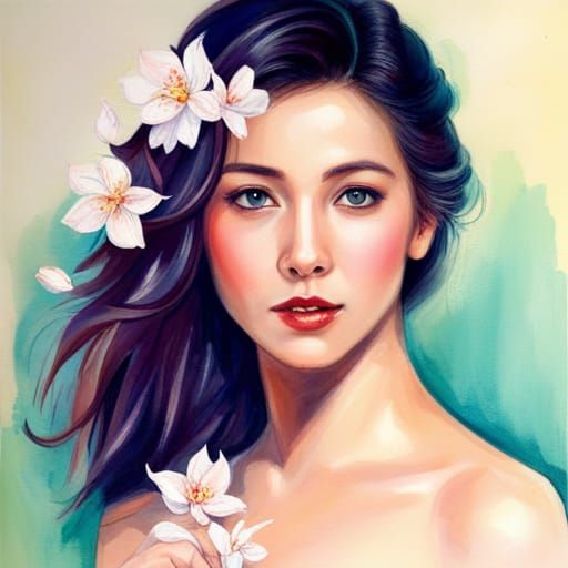 Ethereal Portrait of Asian Beauty in Watercolor Style