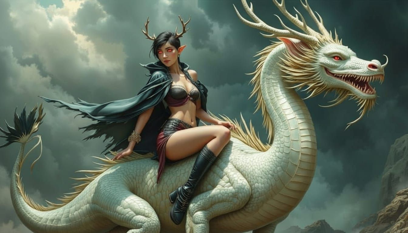 Fantasy Character Rides Majestic Dragon in Storm