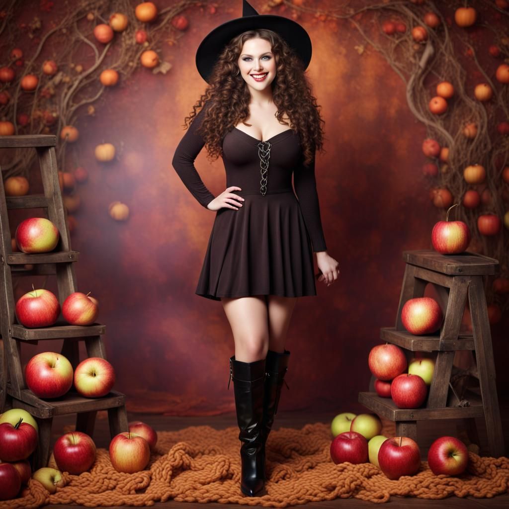 Attractive Apple-Shaped Witch in Knitted Dress