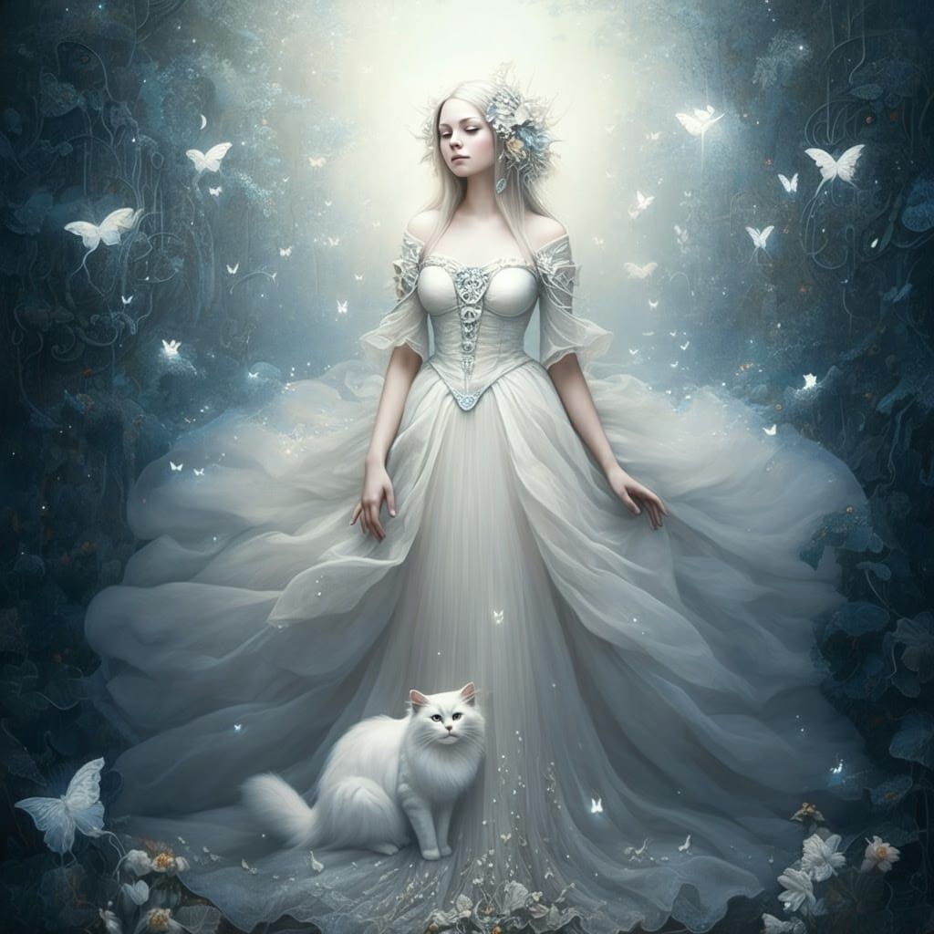 Enchanted Forest Scene with Woman and White Cat