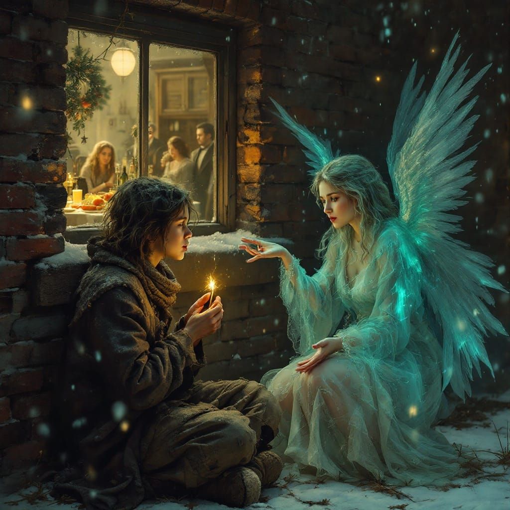 A Young Beggar Girl Seeks Warmth in a Frosty Winter Scene