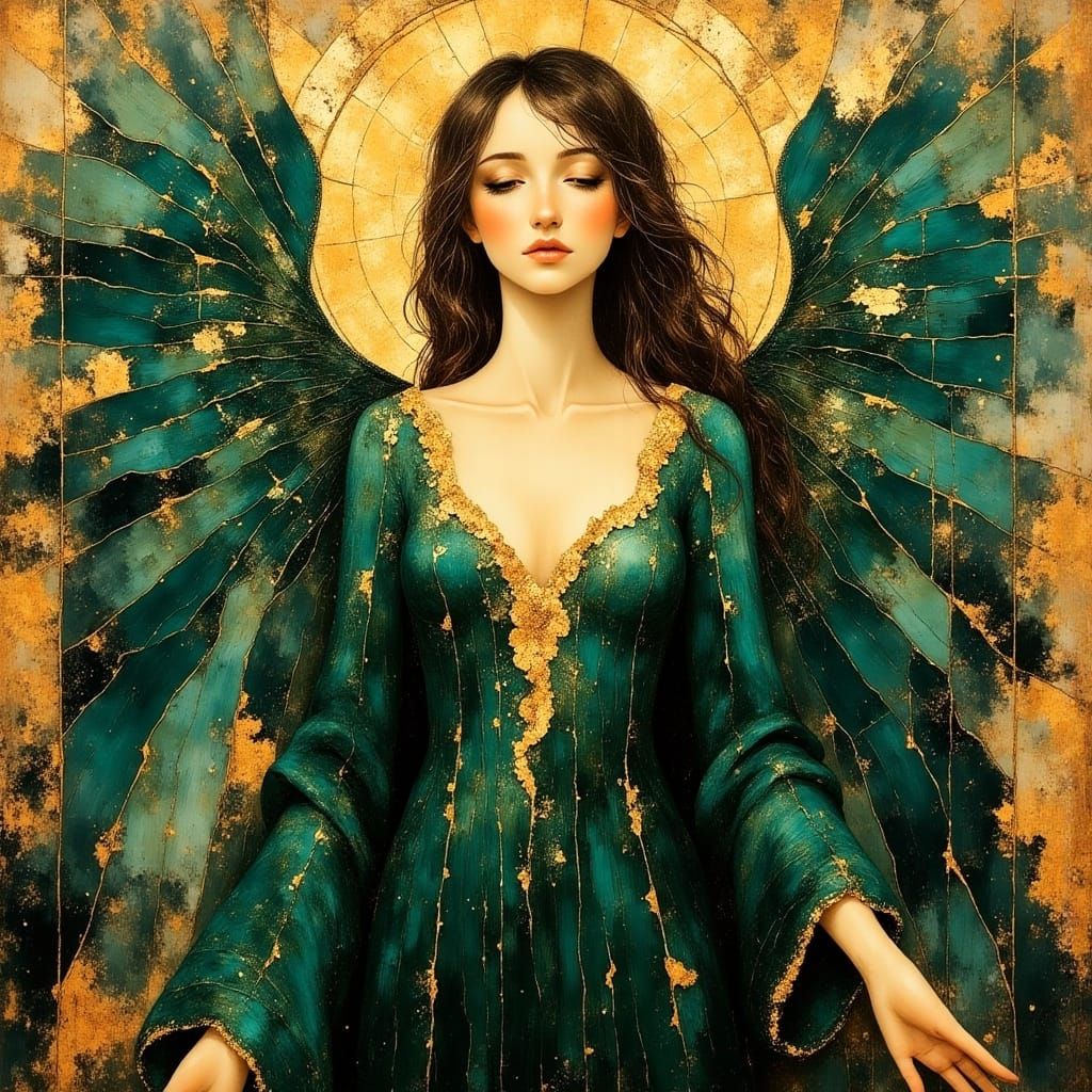 Angel in Emerald Robes, Impasto Oil Painting Style