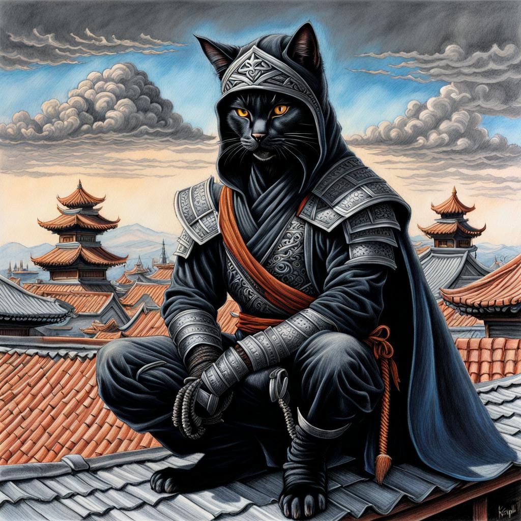 Ninja Cat on Rooftop: Colored Pencil Sketch