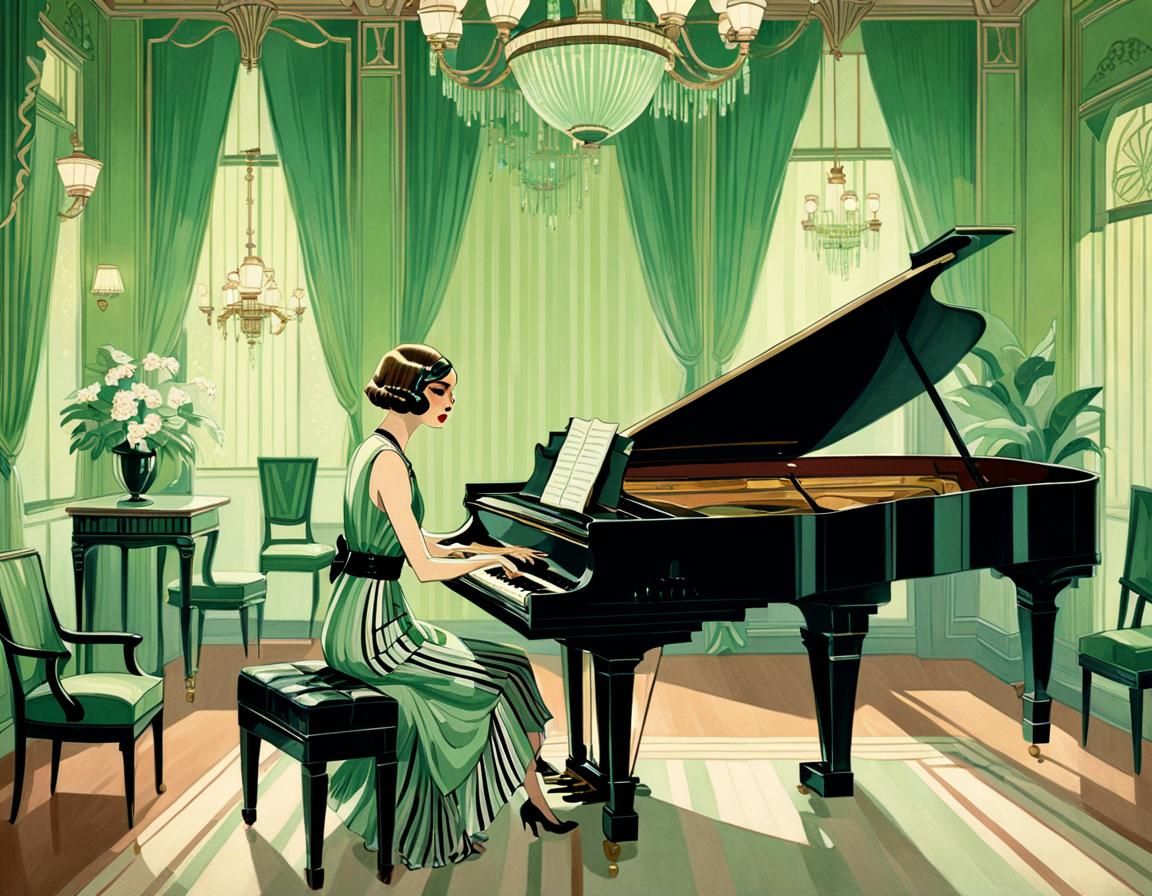 Art Deco Woman at Piano in Luxurious Interior