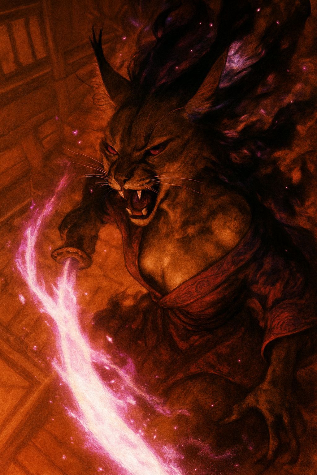 Fantasy Feline Warrior in Fiery Battle