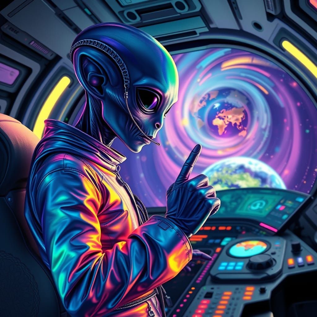 Alien DJ Conquers the Cosmos in Vibrant Spaceship Scene