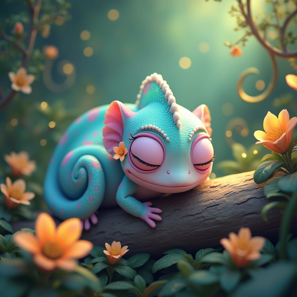 Chameleon Sleeps in Magical Forest: 3D Pixar Style