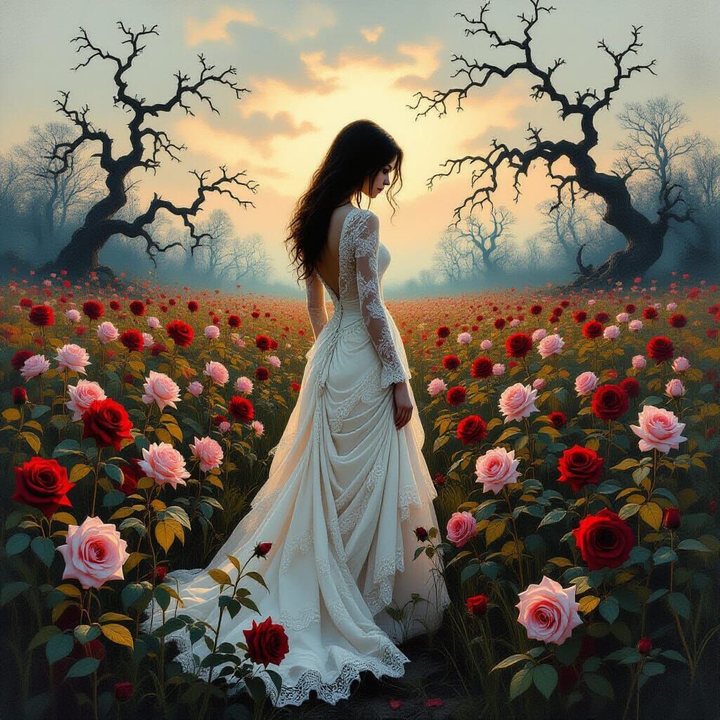 Ethereal Woman in Lace Amidst Wilting Roses