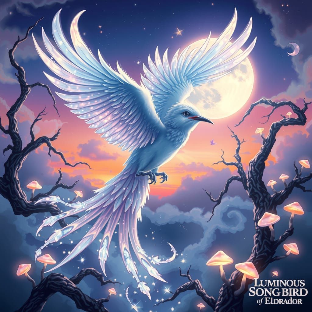 Luminous Songbird in a Moonlit Eldradorian Forest