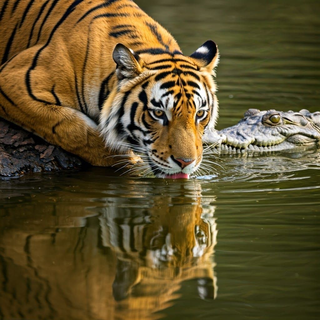 Tiger and Crocodile in Serene Lake Reflection