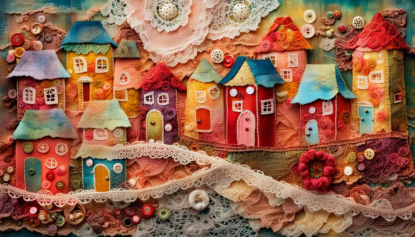 Collage Art Village Scene with Lace and Ribbons