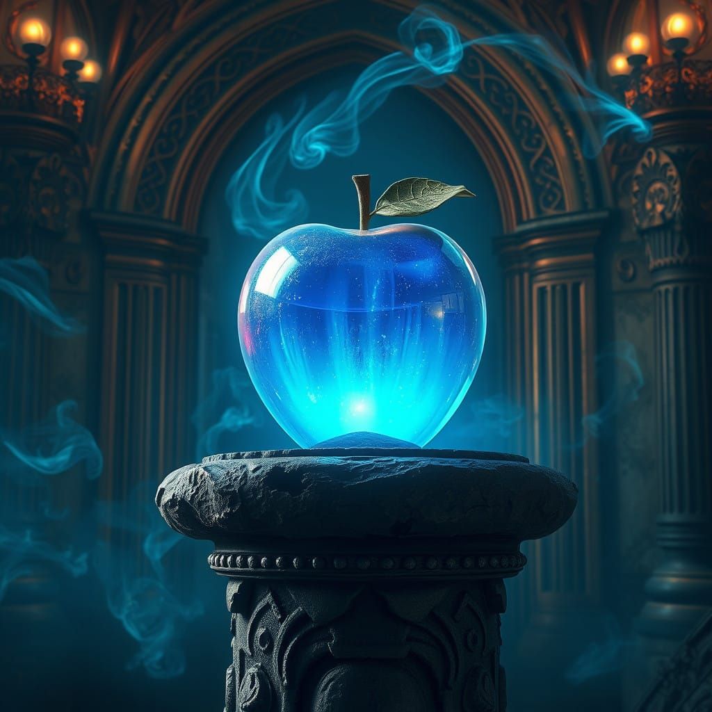 Ethereal Clear Blue Glowing Apple in Fantastical Environment