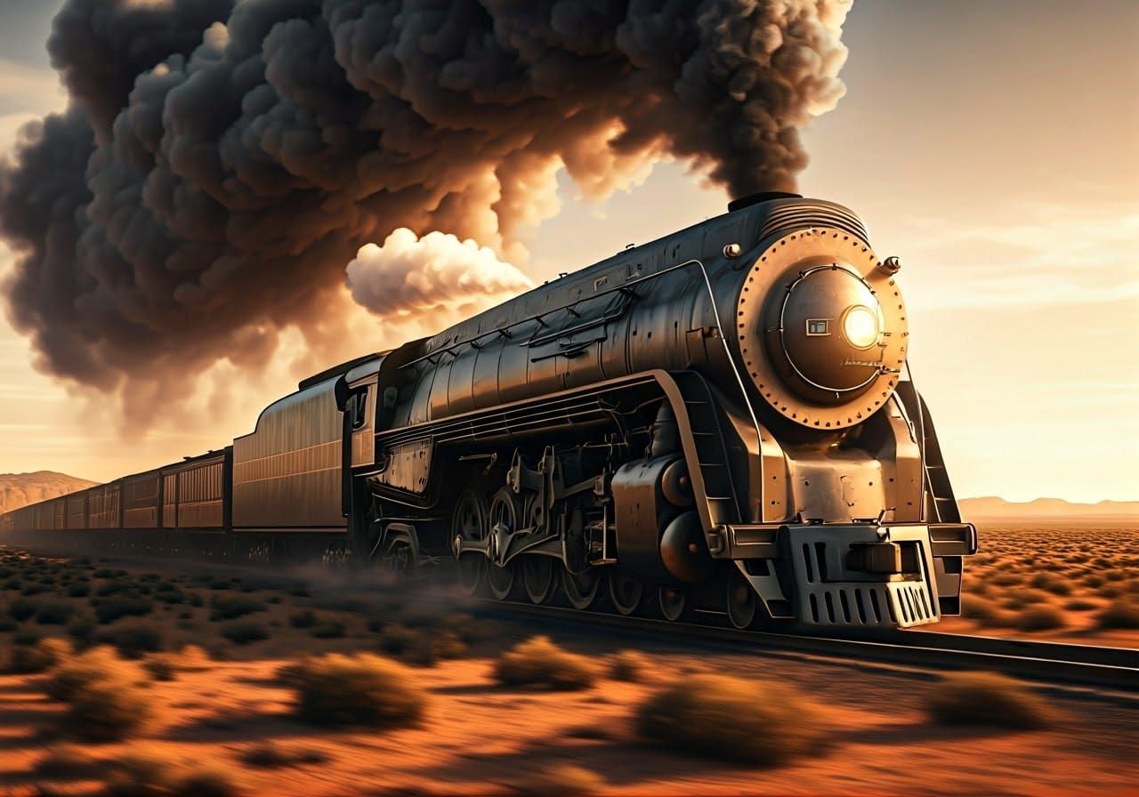 Majestic Steam Locomotive Speeds Through Desert Landscape