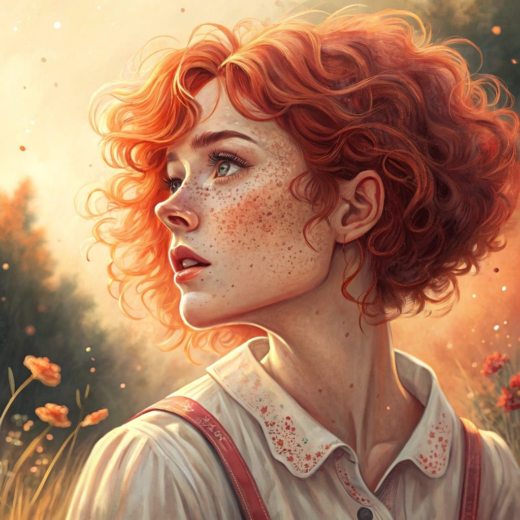 Dreamy Redhead Girl with Whimsical Freckles