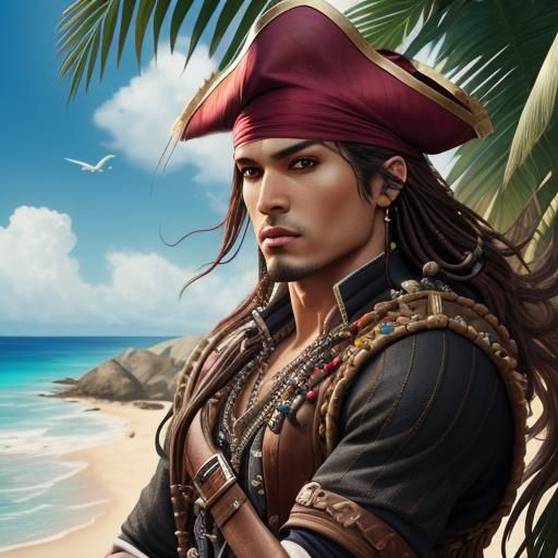 Detailed Pirate Portrait on Tropical Beach