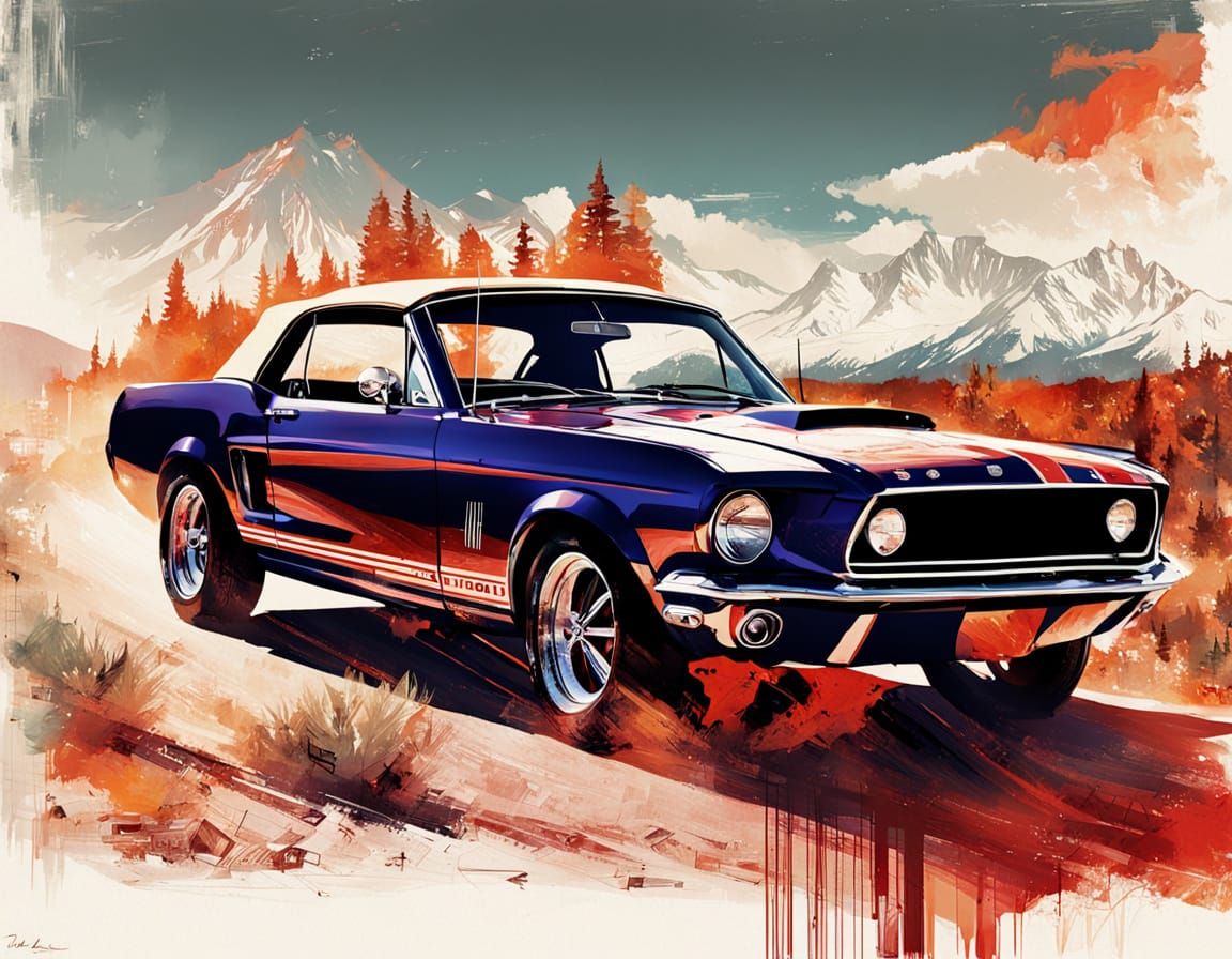 Flaming 1967 Mustang on Mountain Road