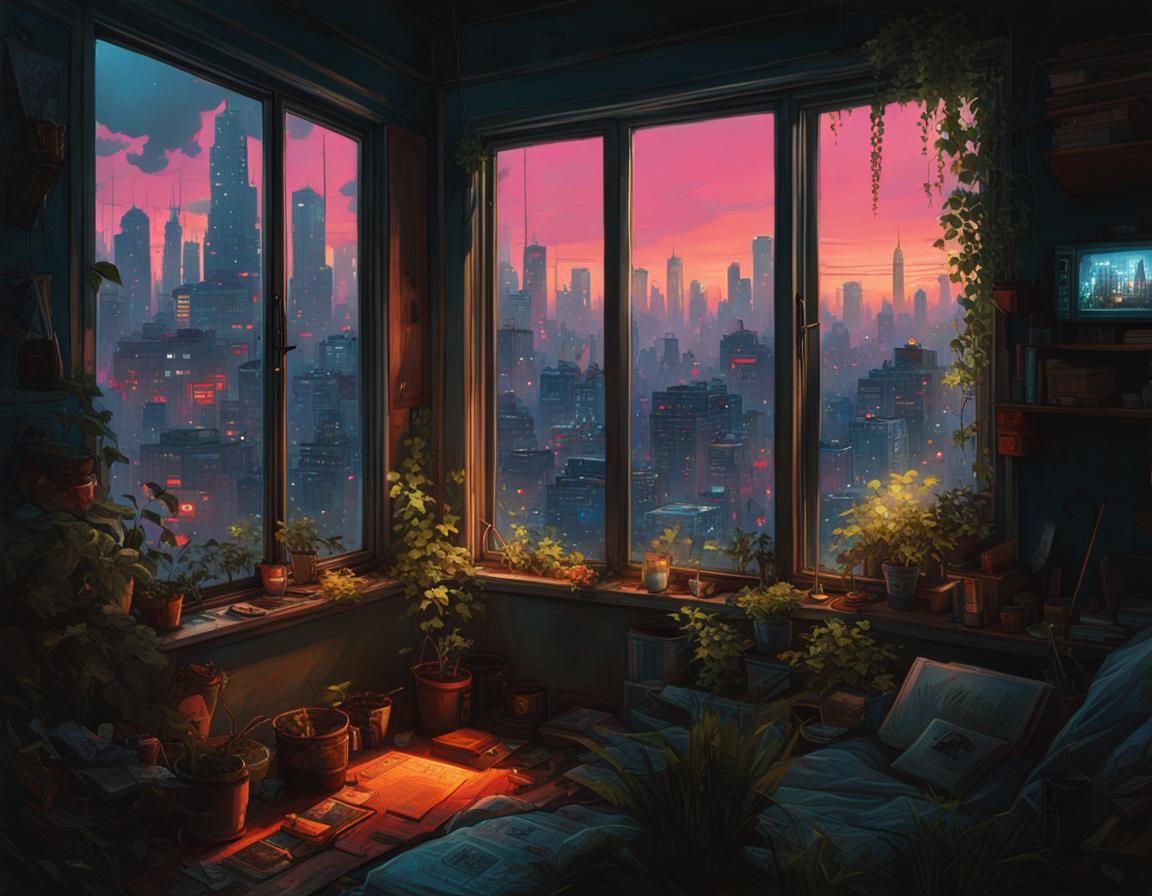 Neon Cyberpunk Cityscape Through Apartment Window