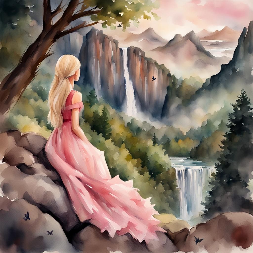 Watercolor Waterfall Scene with Girl, Birds and Butterflies