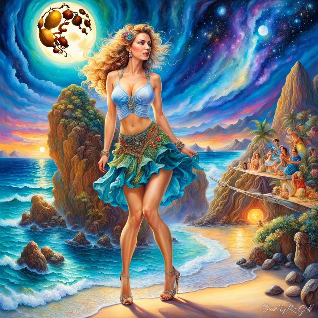 Colorful Cabo Landscape with Girl, Art Nouveau Illustration