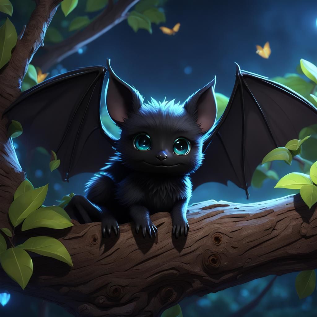Edgy Black Bat in Tree: 3D Anime Art