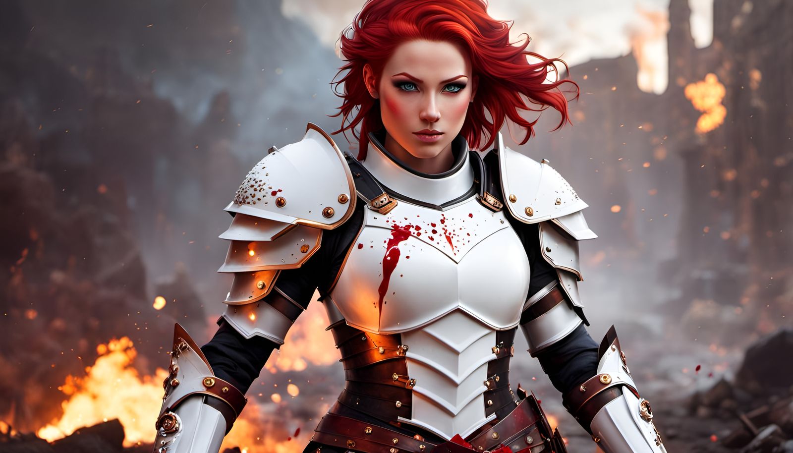 Fantasy Female Warrior in White Armor with Red Hair