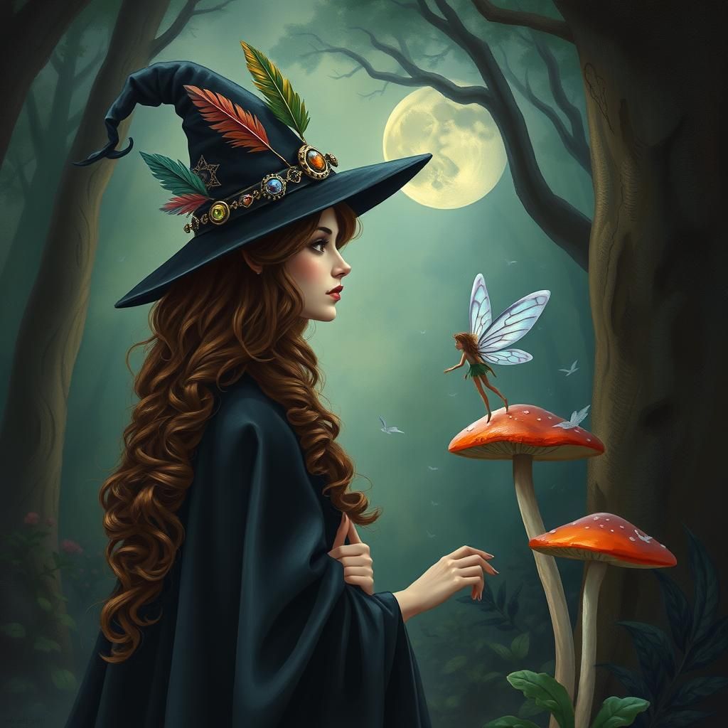 Mystical Witch and Fairy in Moonlit Forest