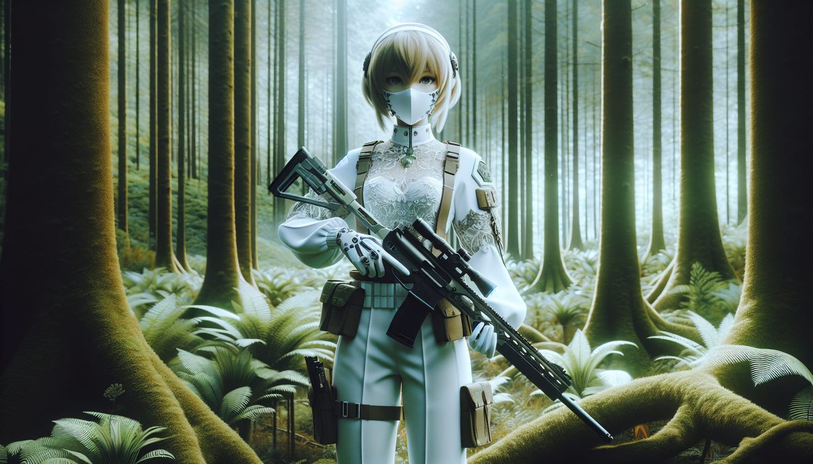 Anime Warrior in Forest with Airgun Rifle