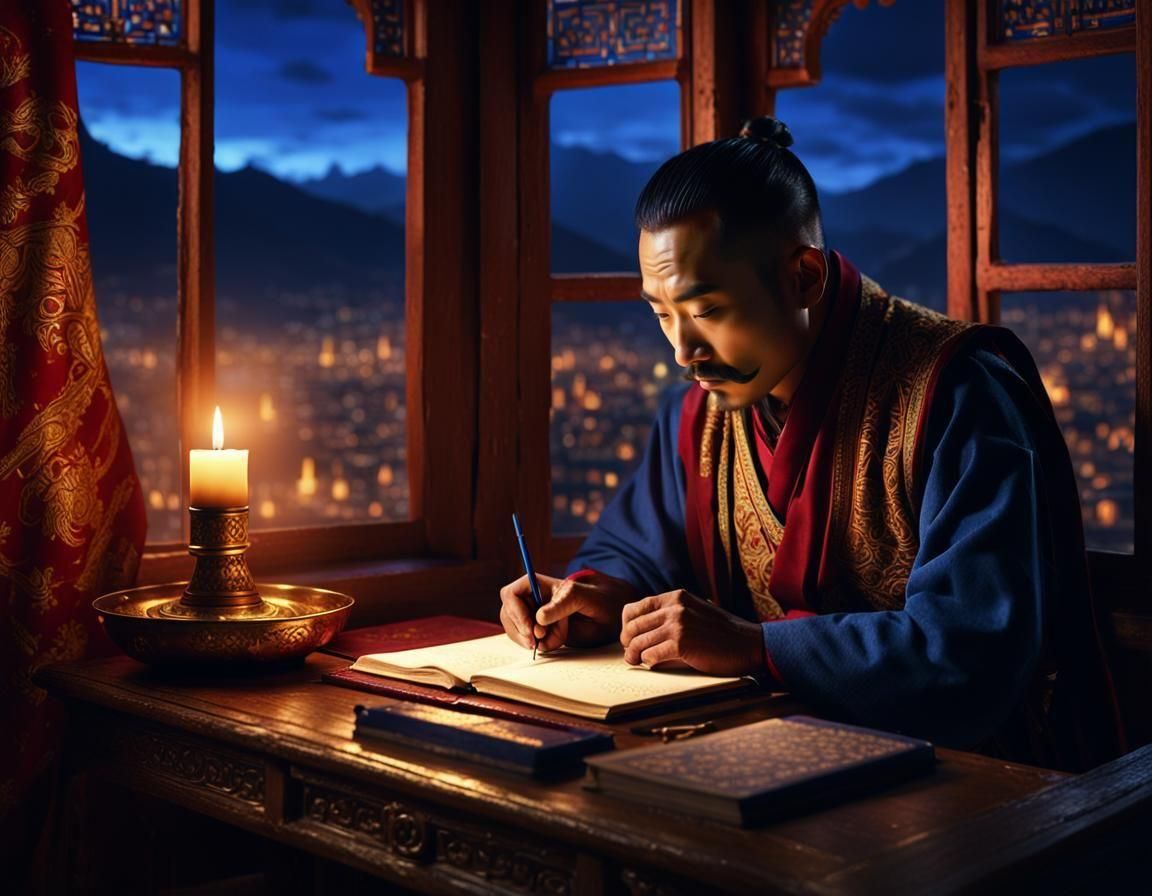 Tibetan Man Writing by Candlelight in Cityscape